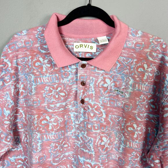 Orvis polo shirt men's XL Hawaiian Vintage pink batik camp shirt - Picture 2 of 7
